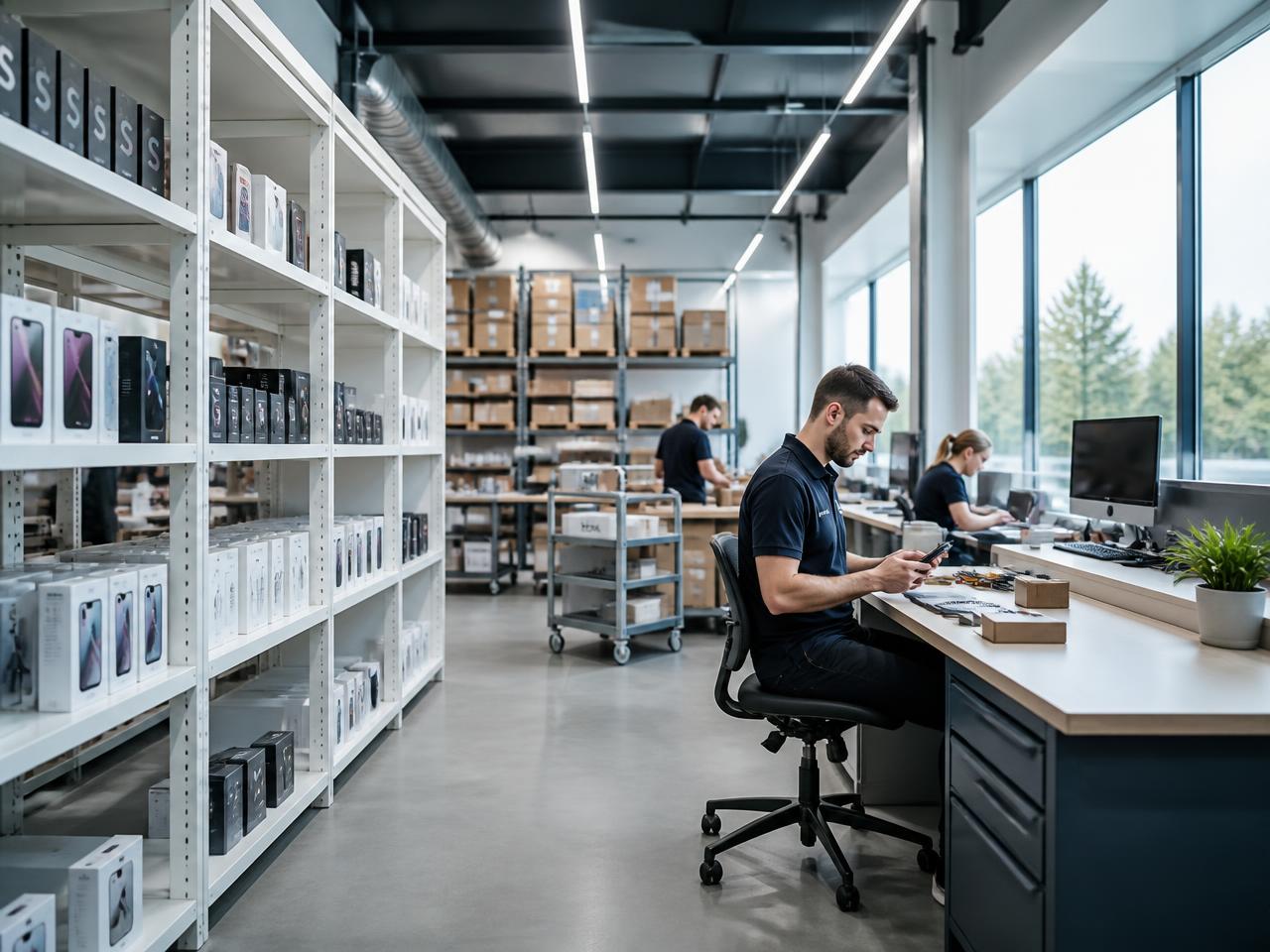 World Onyx fulfilment facility in Coimbra with shelved smartphones and a technician inspecting a device
